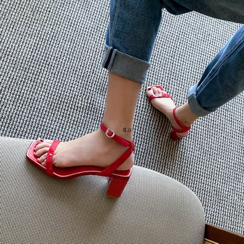 

women sandals shoes sandalias de mujer verano block heel shoes Genuine Leather Basic Casual Buckle Strap Cow Muscle high heels