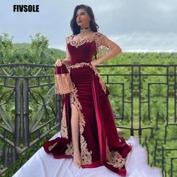 Fivsole 4 Pieces Velvet Evening Dress Removable Skirt Arabic Split Prom Gowns Appliques Lace Tassel High Neck Algerian Outfit