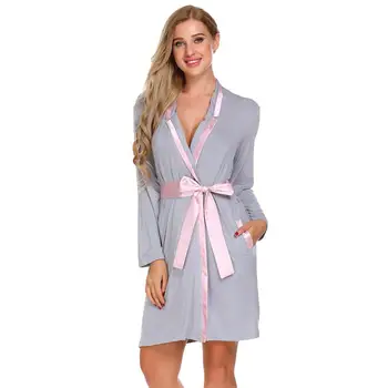 

Women Long Sleeve Pockets Patchwork Sleepwear Robe with Belt
