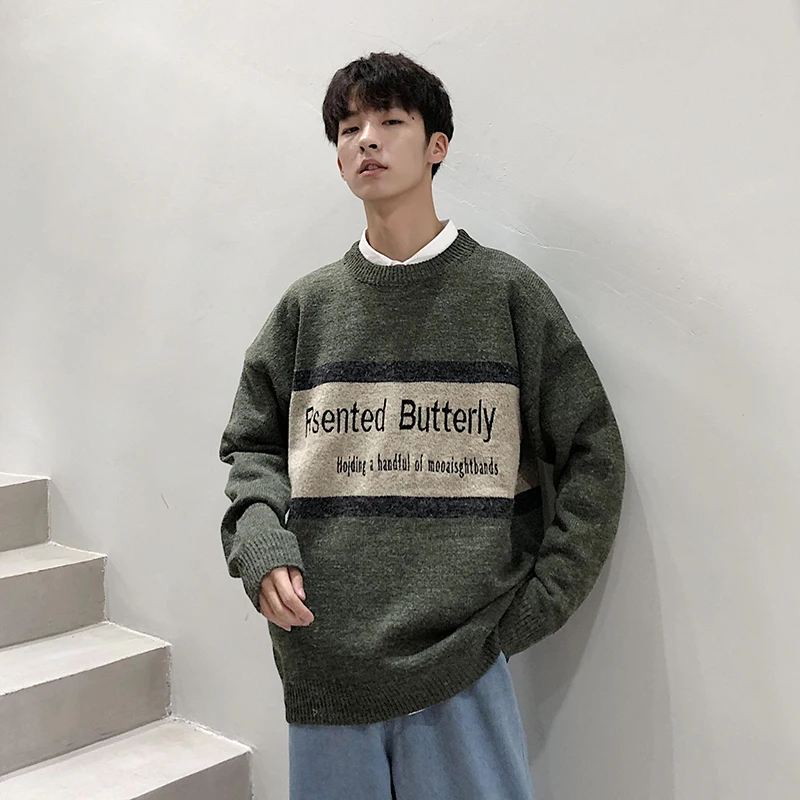 Winter New Sweater Men Warm Fashion Letters Contrast Color Casual O-neck Sweater Pullover Street Wild Loose Long-sleeved Sweater Winter New Sweater Men Warm Fashion Letters Contrast Color Casual O-neck Sweater Pullover Street Wild Loose Long-sleeved Sweater