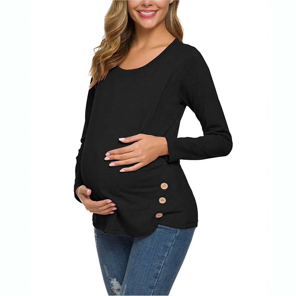 Женская блузка для беременных, длинный рукав, боковая пуговица, туника для кормящих, топы для грудного вскармливания, Повседневная Зимняя Блузка для беременных, рубашка - Цвет: Черный