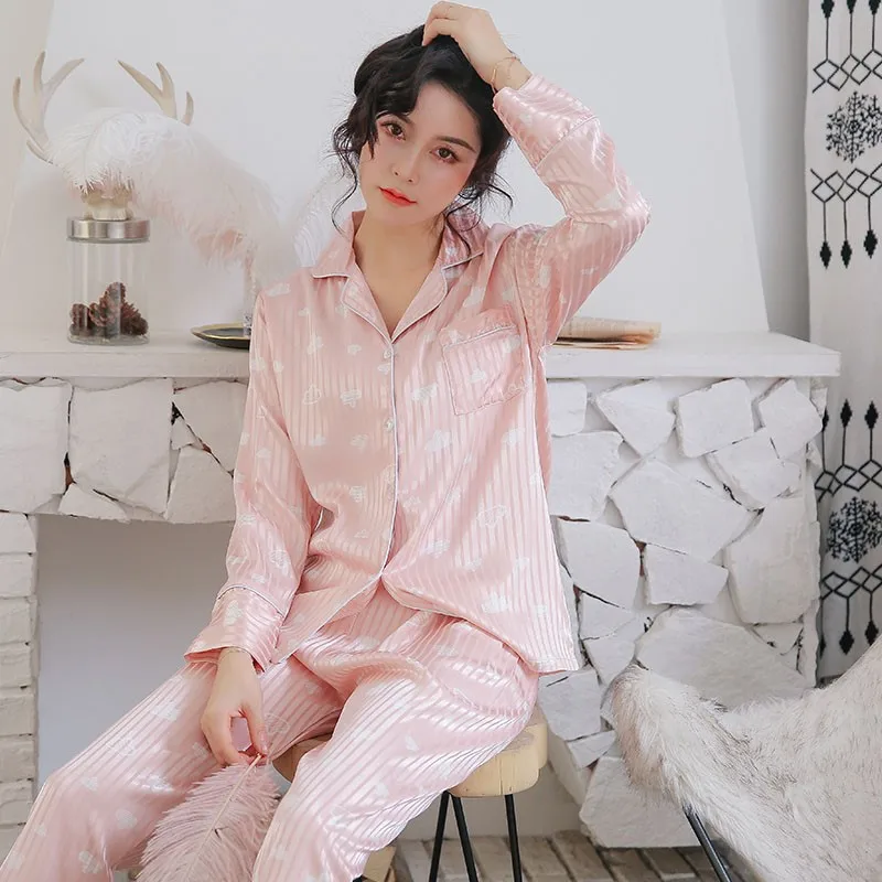 

Pajamas Women's Spring And Summer Long Sleeve Viscose Thin Spring And Autumn Home Wear Model Silk Loose-Fit Code Two-Piece Set