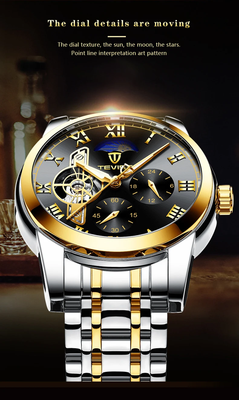 2020 New Arrival TEVISE Men watch Stainless steel Automatic Mechanical Watch Moon phase Tourbillon Skeleton Male Wristwatch