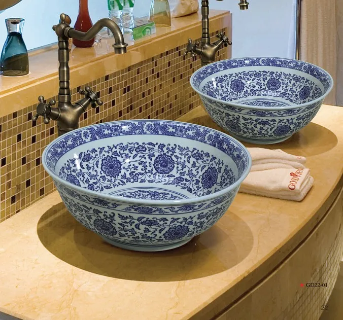 Синий и белый китайское искусство фотография фарфоровая круглая раковина|basin