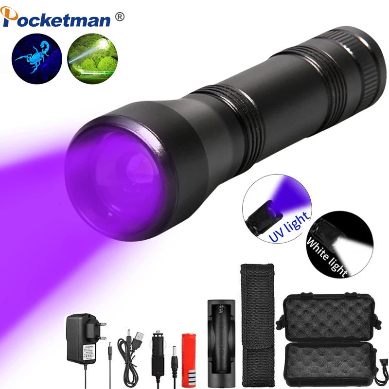 

8000Lums UV Flashlight 5Mode Torch Mini UV Light Zoomable Function Ultra Violet Light Blacklight use 18650 Battery for hunting