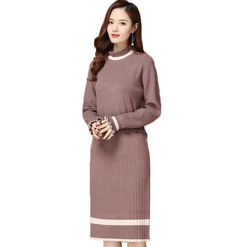 

Autumn Winter Women Dress New Long-sleeved Pullover Sweater Dress Ruffle Turtleneck Sweater Female Mid-Long Pull Knit Dress 1006