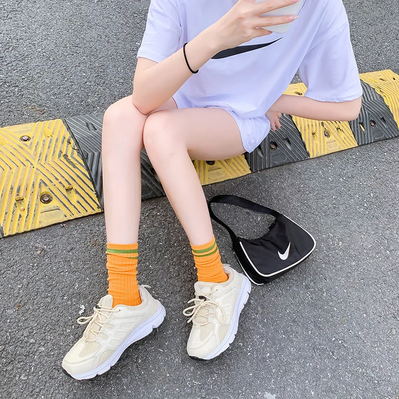 New Fashion Women's Long Socks Women Calf Length Striped Sock College Style Cotton Kawaii Cute White Purple Crew Socks Dropship adidas socks women