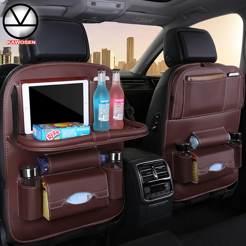 

KAWOSEN Car Seat Back Bag Folding Table Organizer Pad Drink Chair Storage Pocket Box Travel PU Leather Stowing Tidying SBCB07