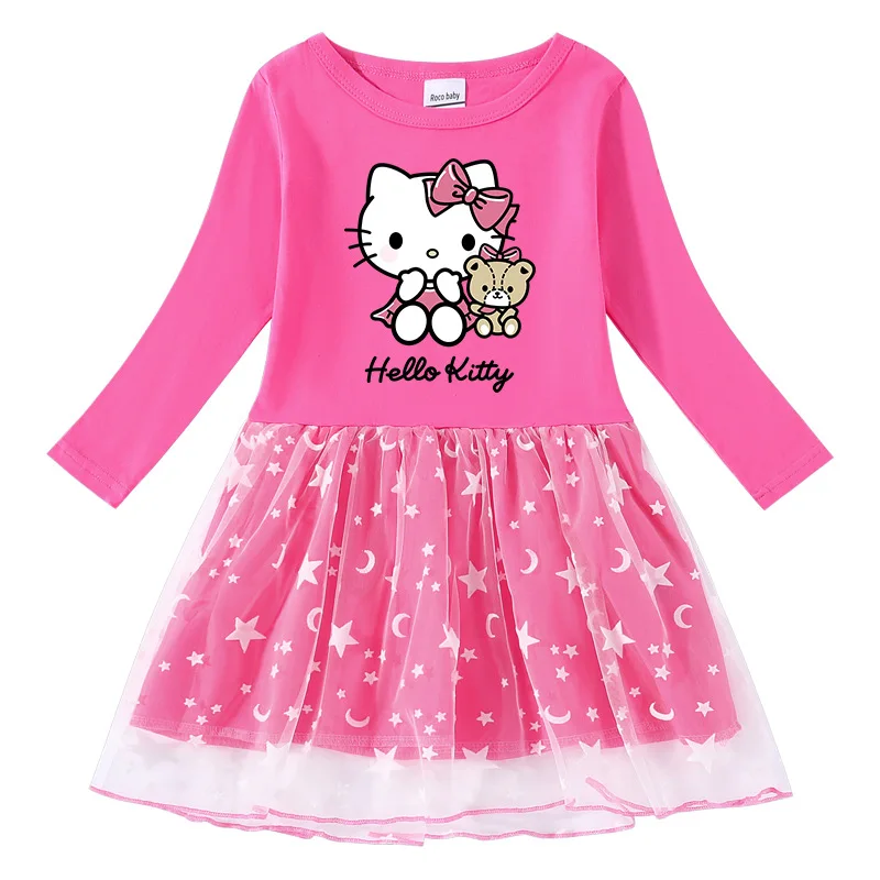 thumbnail image 1 of Hello Kitty Girl vestido dulce de algodón primavera y otoño nueva falda de princesa de manga larga con estampado de dibujos animados para niños estrella Luna red hilo, 1 of 5