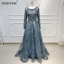 Дубай вечернее платье с длинными рукавами ТРАПЕЦИЕВИДНОЕ кружевное роскошное вечернее платье с кристаллами и бусинами официальное вечернее платье Vestido de Festa Longo