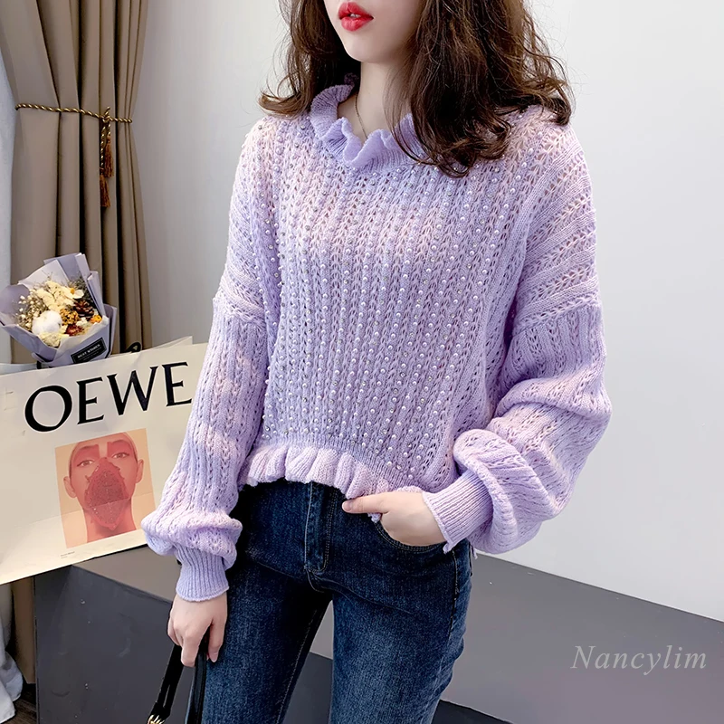 

Pullover Knitwear Female Women's Sweater 2020 Autumn Ruffled Neck Beaded Long Sleeve Pullover Sweaters Lady Tops Cropped Jumper