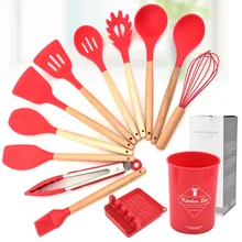Wooden Handle Silicone Kitchenware Cooking Spatula Soup Spoon Brush Scraper Non-stick Pan 12 Piece Storage Bucket Kitchen