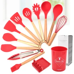 Wooden Handle Silicone Kitchenware Cooking Spatula Soup Spoon Brush Scraper Non-stick Pan 12 Piece Storage Bucket Kitchen