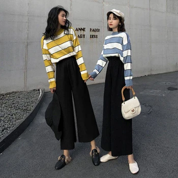 

Spring Summer Women Wide Leg Pants Chiffon Solid Color High Waist Loose Casual Trouser