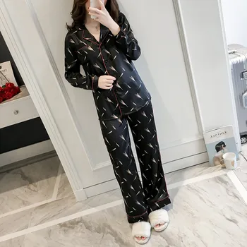 

FZSLCYIYI Women 2 Piece Faux Silk Satin Pajamas Set Long Sleeve Sleepwear Pajamas print Suit Printed Sleepwear