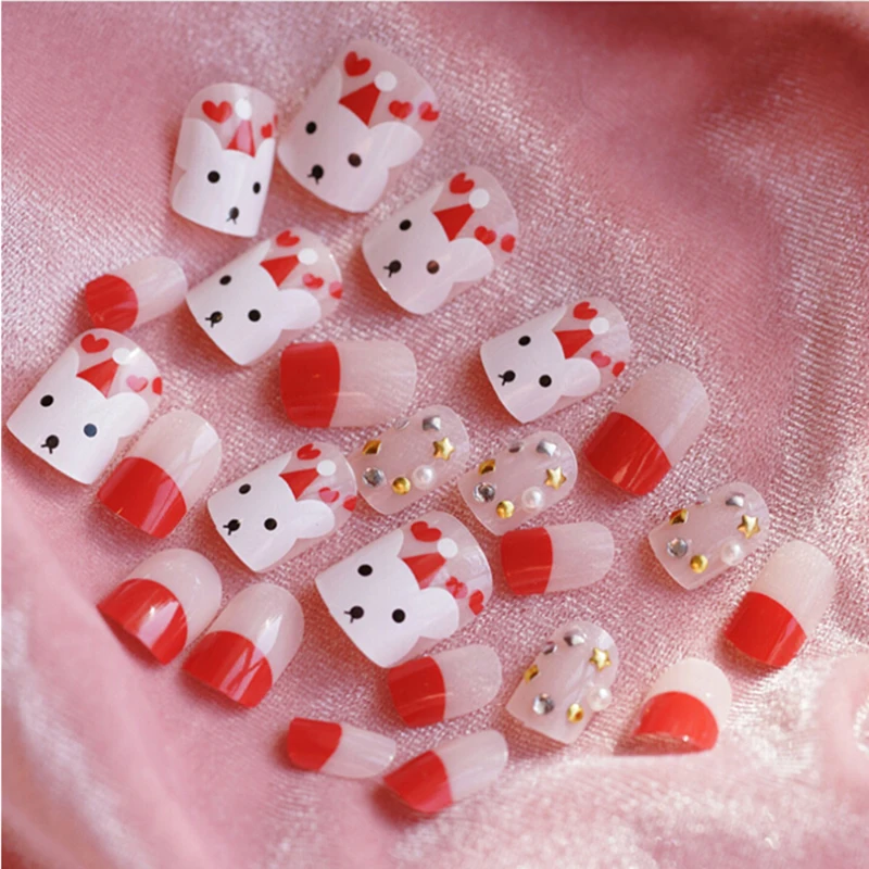 24Pcs Cute Christmas Bear Fake Nails Press On Acrylic Flase Nails Full Nail Tips Art Children Girls Manicure Beauty Tools