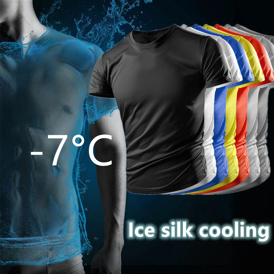 Summer Men's Ice Silk Short sleeved T shirt Quick drying Clothes Solid