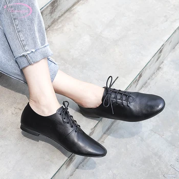 

Casual style comfortable supple real leather round toe flat with shoes fashion lace-up beige black cowhide women shoes big size