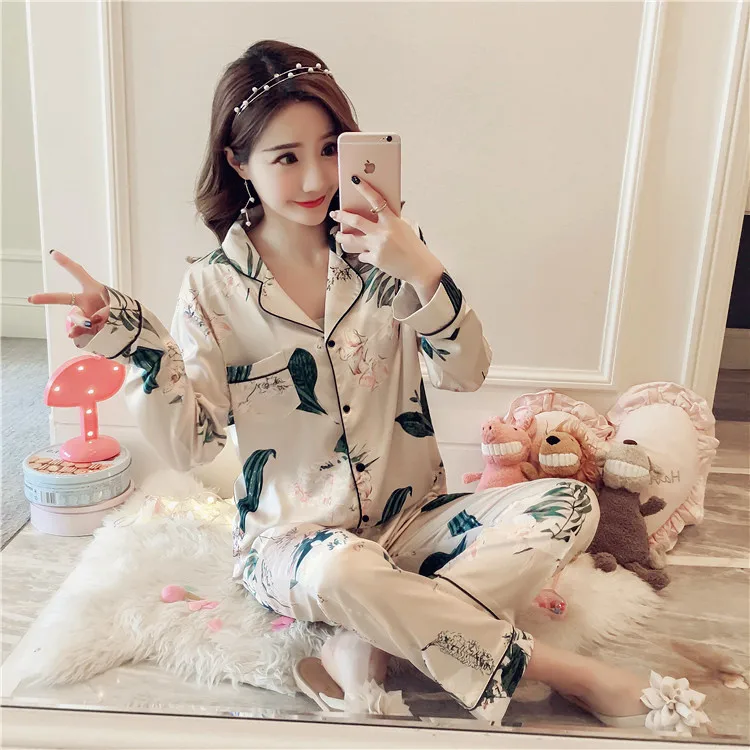 

Spring And Autumn Women's Viscose Sexy Long Sleeve Pajamas Plus-sized Large Size Loose-Fit Real Silk Tracksuit Piece-Summer