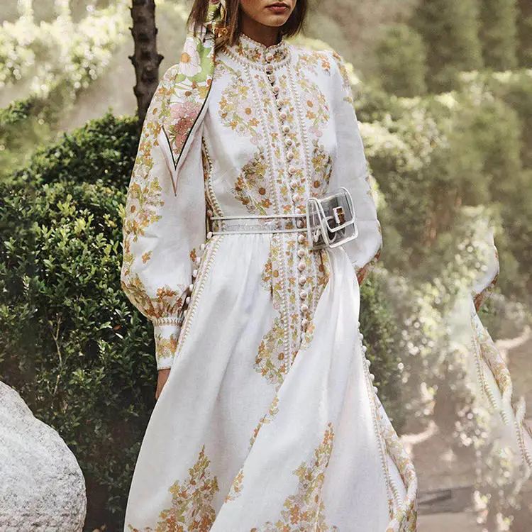 Autumn Runway Designer Dress Women Vintage Single-breasted Long Sleeve Floral Printed Maxi Dress With Belt vestidos