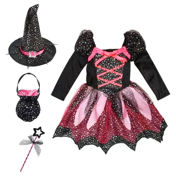 

Besegad Children Kids Halloween Cosplay Witch Skirt Dress Costume Outfit with Hat Wand Candy Bag for Carnival Fancy Dress Party