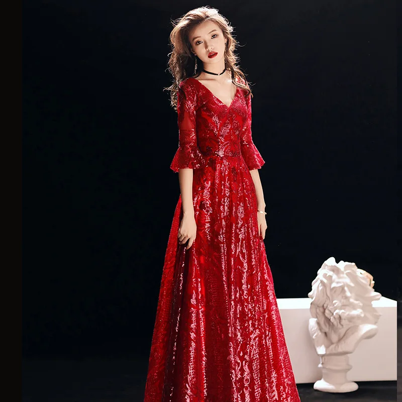 Китайское Восточное вышитое Cheongsam Длинное Элегантное вечернее платье платья принцессы Бургундия Qipao свадебное летнее женское сексуальное