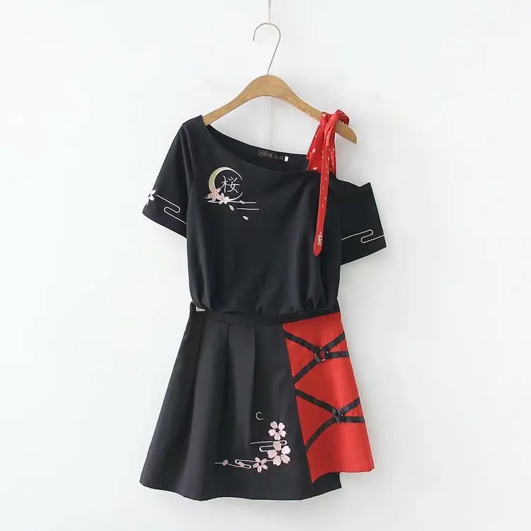 

Japanese-style Mori Girl Line Fresh Versatile Joint Camisole Moon Flower Embroidered Short Sleeve T-shirt Elastic Waist Short Sk