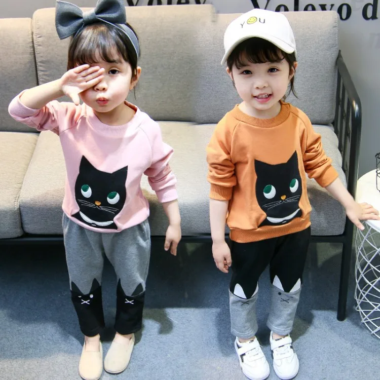 

Girls Spring And Autumn New Products Cat Embroidery Long Sleeve Trousers Two-Piece 2018 Autumn Children Cartoon Set