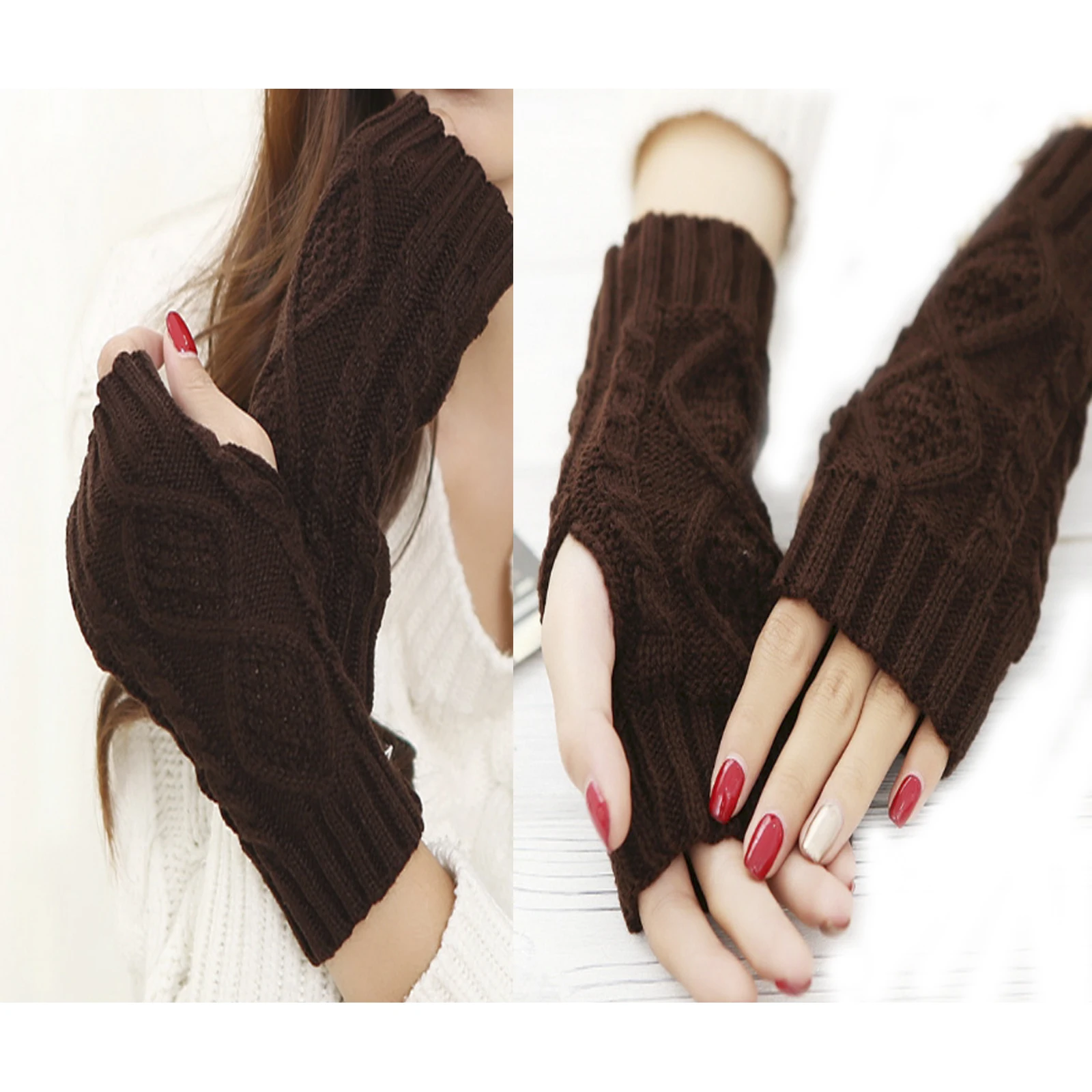 Women's Half Finger Gloves Diamond Rhombus Warm Gloves in autumn and winter Thickened knitted gloves