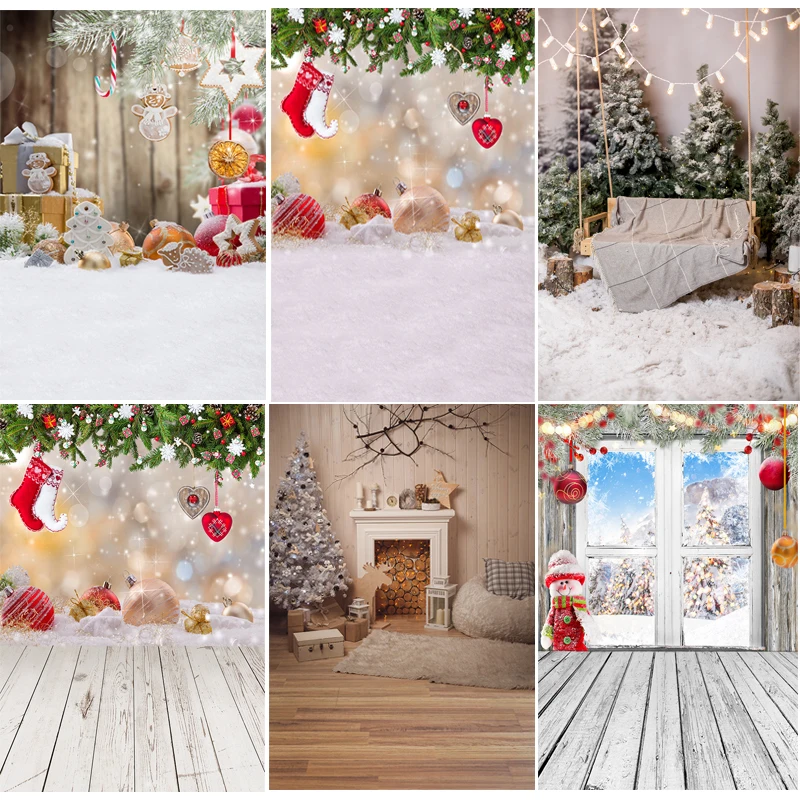 

Mehofond Vinyl Christmas Backdrop Wooden Floor Snow Gift Pine Tree Swing Sock Decoration Photography Background for Photo Studio