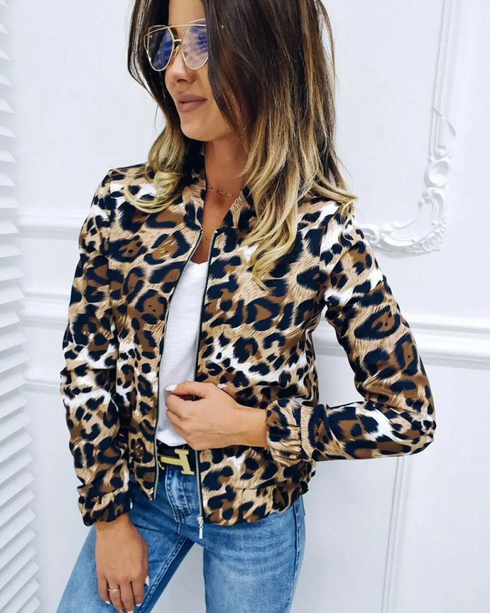Greatest  Leopard Print Asymmetric Zip Biker Crop Winter Jacket Women Coats 2019 Streetwear Casual Fashion Of