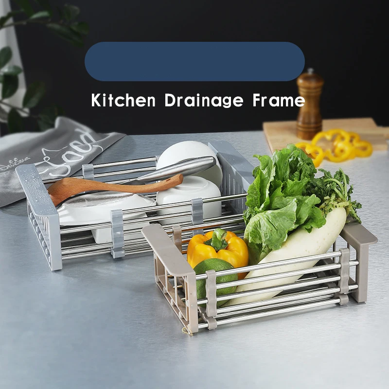 

Stainless Steel Adjustable Dish Drying Rack Telescopic Filter Basket Kitchen Sink Organizer Drainage Rack Kitchen Tool Supplies