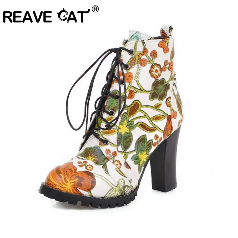 

REAVE CAT Women Ankle Boots Round Toe Square Thick Heel Lace-Up Printing Flower Big size 33-48 Black White Casual Autumn A2642