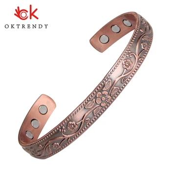 

3000 Gauss Open Cuff Adjustable Bracelets for Women Health Energy Magnetic Bangles Flower Pattern Pure Copper Bracelets & Bangle