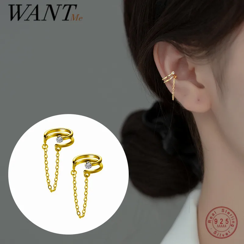 

WANTME 925 Sterling Silver Double Cuban Link Chain Ear Clip Earrings for Women Bohemian Rock No Piercing Trendy Ear Cuff Jewelry