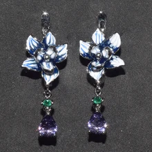 Серьги-гвоздики с голубым цветком из серебра и циркония для женщин, эмалевые серьги ручной работы, модные ювелирные изделия