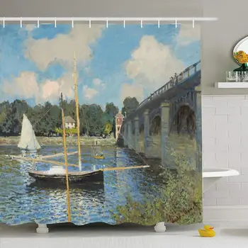 

Shower Curtain Set with Hooks 72x72 Bridge at Argenteuil Near with by 1870S Intensity Impressionist Canvas Claude Monet 1874