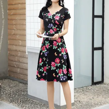 

Women Summer Dress Women vestidos платье женское V Collar Printed Dress Ladies Slim Fit Short Sleeve Plus Size ropa mujer Dress