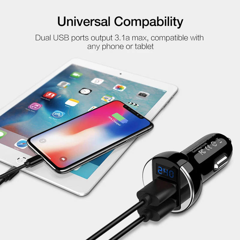 Автомобильное зарядное устройство 2.4A с двумя usb-портами, светодиодный дисплей, универсальное автомобильное зарядное устройство для мобильного телефона Xiaomi samsung S8 S9 S10 iPhone X 11 7 8 Plus