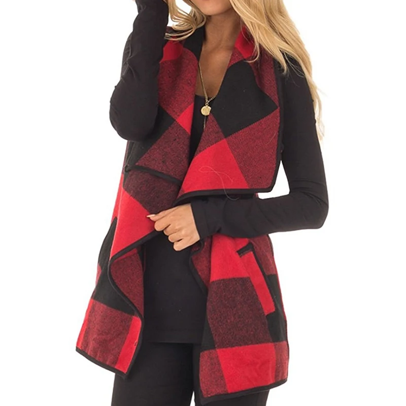 

Autumn Office Ladies Vest Sleeveless Turn Down Neck Open Front Jacket Check Plaid Cardigan Casual Women Long Waistcoat