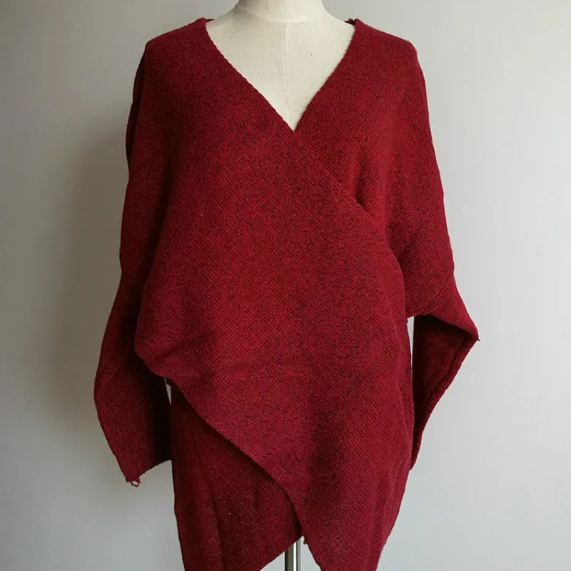 Sweater V-neck chest crisscross long-sleeved pullover sweater loose irregular sweater women sweaters pullover knitted sweater
