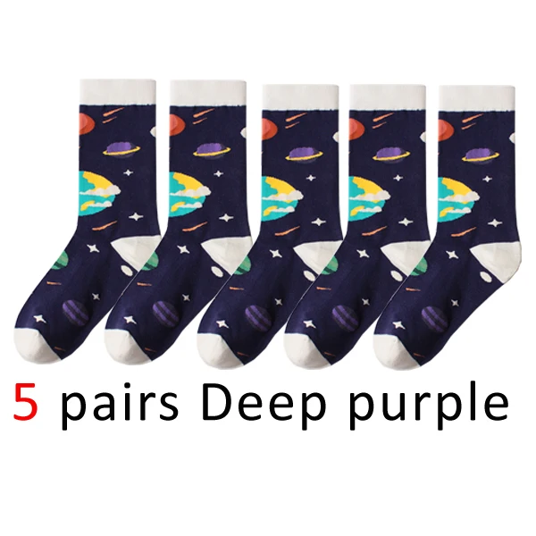 WHLYZ YW 5 пар/лот чесаный хлопок счастливые Носки для мужчин астронавт метеоров летающая тарелка красочные skarpetki в стиле «хип-хоп» с сорняками Носки - Цвет: Deep purple