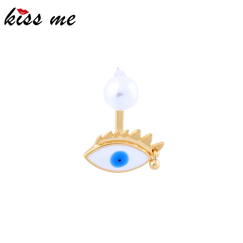 

kissme Unilateral Stud Earrings Unique Blue&White Enamel Evil Eye Glass Pearl Earrings For Women Gold Color Brass Fashion Jewel
