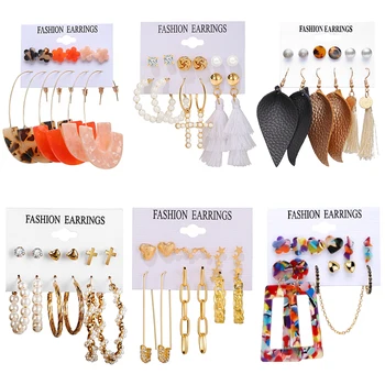 

17KM Vintage Leather Earrings Set For Women Fashion Acrylic Tassel Earrings Gold Pearl Cross Dangle Earring Brincos Jewelry