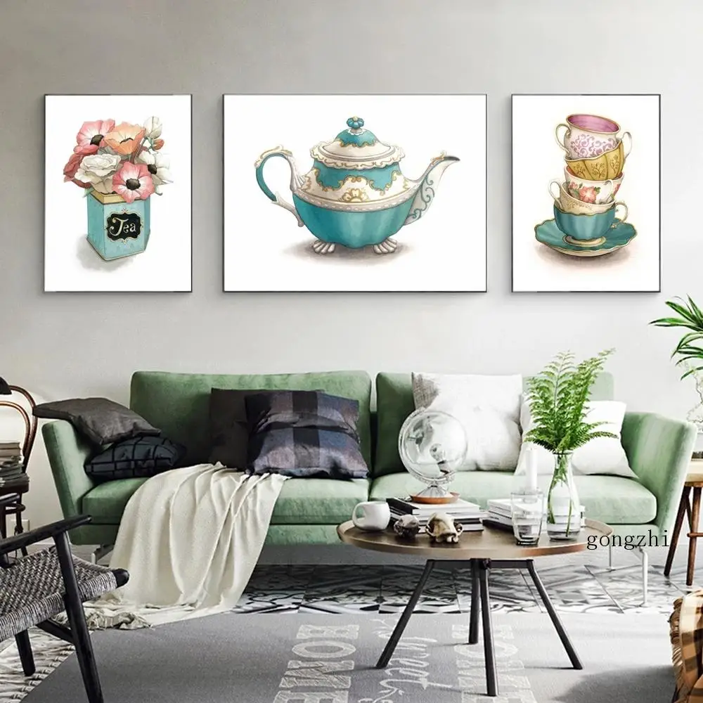 

Vintage Tea Cups Flower Nordic Posters Still Life Canvas Painting and Prints Kitchen Wall Art Pictures Living Room Home Decor