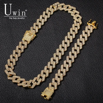 

UWIN 20MM Cuban Chain Miami Necklace & Bracelet And Set Full Iced Out Rhinestones NE+BA Mens Hiphop Jewelry For Gift