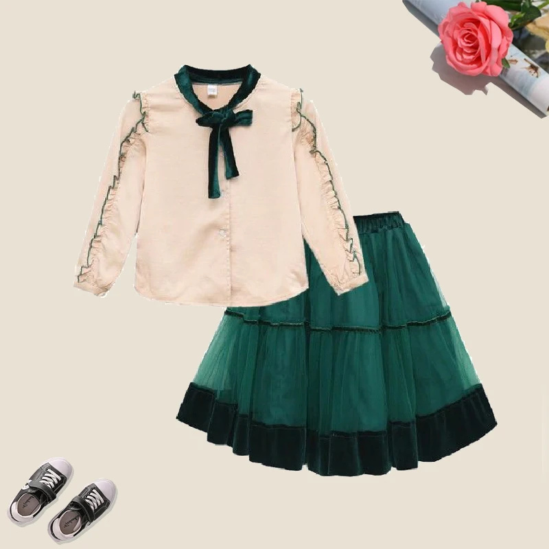 Preppy Style Girls Clothes Sets Spring Autumn Long Sleeve Shirts + Shirts 2PC Baby Kids Clothes Casual Teenager School Uniform