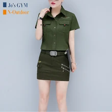 Уличный тонкий армейский костюм размера плюс, Женская хлопковая рубашка в стиле милитари, облегающая юбка, летний модный танцевальный костюм для болельщика