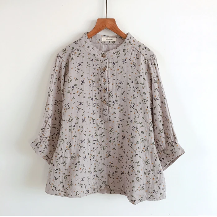 2020 New Summer Women Cotton yarn Blouse Japan Style Mori Girl Floral Print Stand Collar Three Quarter Sleeve Women Shirt 2