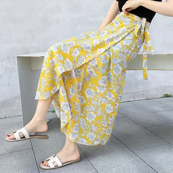 

Women Casual Skirt Print Pleated Skirts Women Fashion Chiffon Print Patchwork Bandage Wrap Pleated Skirt Long Skirt